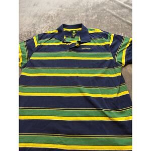 John Deere Striped Polo Shirt Men's Sz XL Blue Yellow Green Tractor Dealer Shirt